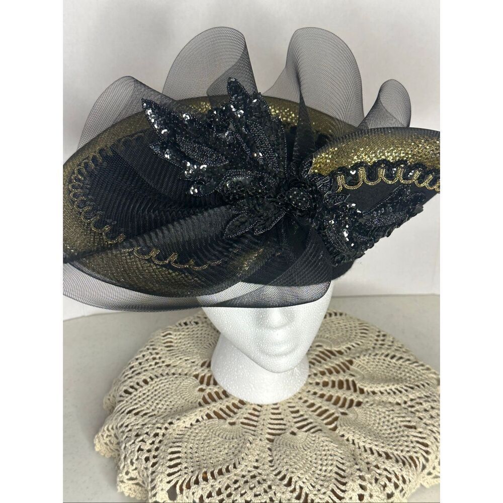 Vintage Black & Gold Embellished Mesh Head Turner Glamour Hat